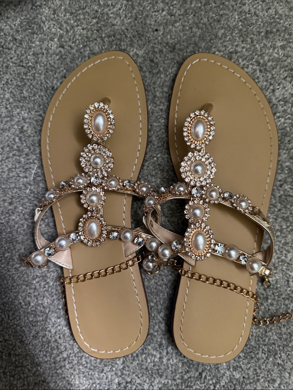 Pearl-Embellished T-Strap Sandals — Rose Gold